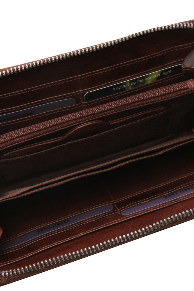 Lommebok/ Kortholder-Nord Leather. Dame Stor Portemone/ Clutch med speil. 8 kortlommer/ Iphone. Brun-BagBrokers
