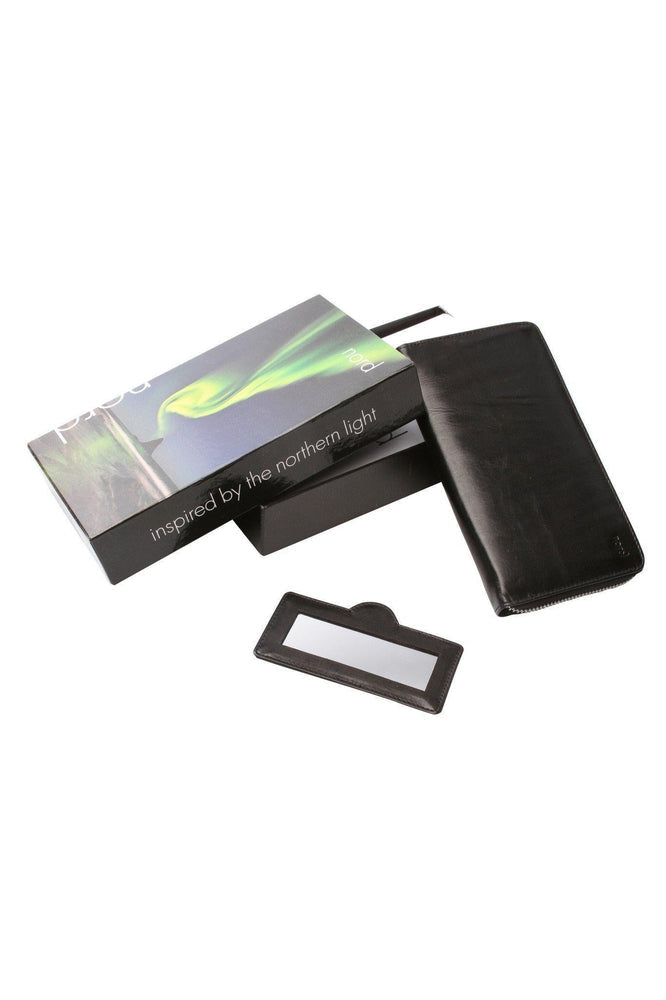 Lommebok/ Kortholder-Nord Leather. Dame Stor Portemone/ Clutch med speil. 8 kortlommer/ Iphone. Sort-BagBrokers