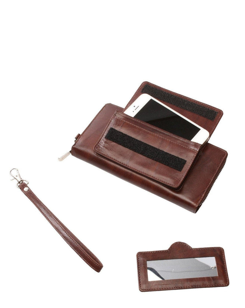 Lommebok/ Kortholder-Nord Leather. Dame Stor Portemone/ Clutch/ Speil + Iphone lomme Brun-BagBrokers