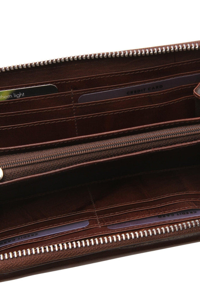 Lommebok/ Kortholder-Nord Leather. Dame Stor Portemone/ Clutch/ Speil + Iphone lomme Brun-BagBrokers