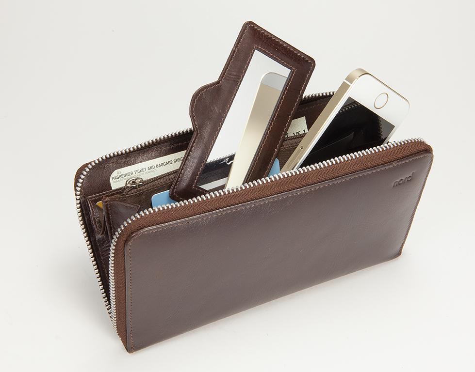 Lommebok/ Kortholder-Nord Leather. Dame Stor Portemone/ Clutch med speil. 8 kortlommer/ Iphone. Rød-BagBrokers