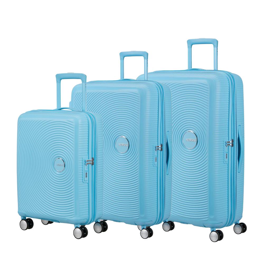 American Tourister Soundbox ekspanderende koffertsett 3 deler Blueberry Fizz-Harde kofferter-BagBrokers