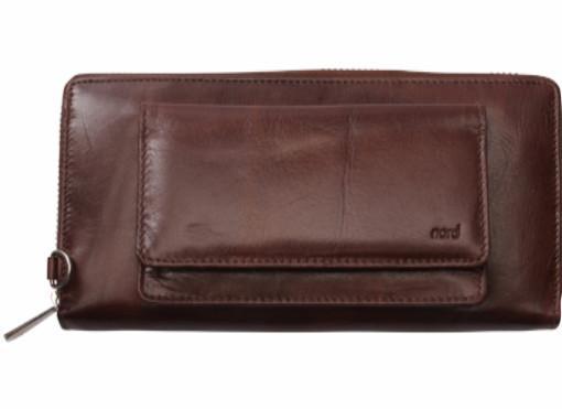 Lommebok/ Kortholder-Nord Leather. Dame Stor Portemone/ Clutch/ Speil + Iphone lomme Brun-BagBrokers